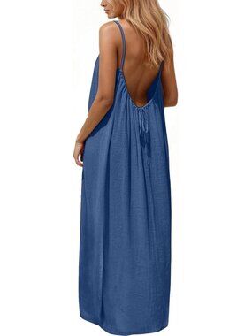 Women's Navy Blue Cami Dress Summer Sleeveless Long Casual Sundress Lady Solid